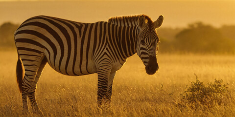 African zebra stands majestically in the savannah, bathed in the warm hues of the setting sun. The image beautifully captures the serene ambiance of the wild.