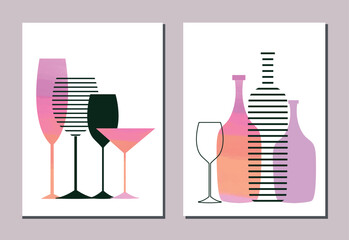 Set of abstract watercolor and striped wine bottles and glasses. Vector illustration	