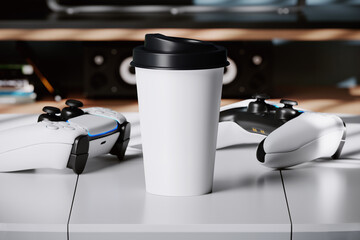 Paper coffee cup on the table near the gamepads mockup. 3D rendering