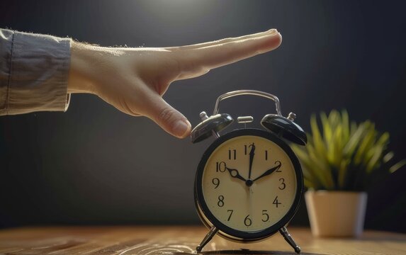 A hand silences a classic alarm clock, a common action to begin the morning in a peaceful home environment..
