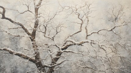 a painting of a tree in winter with snow on the branches and a bench in the foreground with a bench in the foreground.