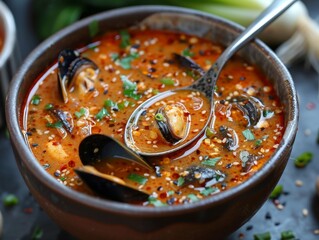 A bowl of tom yum soup. Tom yam soup with shrimp, mussels and rice. Asian tom yum soup in a beautiful bowl.