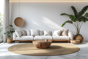 A minimalist living room with a white couch, in the style of natural fibers, highly detailed, tropical landscapes, organic material
