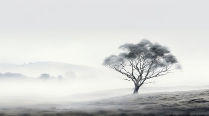 a foggy landscape with a lone tree in the foreground and a distant mountain range in the far distance.