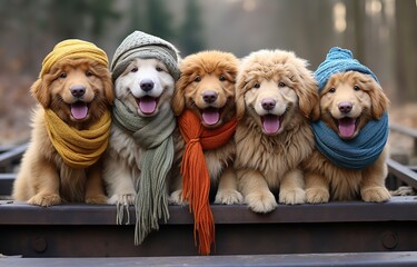 happy cute pet portrait, Golden Retriever puppies sitting together wearing scarf and wool cap at outdoor, Generative Ai