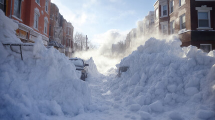 Snow Blocked Residential Street with Steam Rising Amidst Snowdrifts, Winter's Harshness, Urban Snowscape