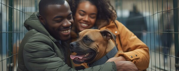 A black couple lovingly bonds with a dog at an animal shelter. Concept Animal Shelter Visit, Couple and Dog, Love and Bonding, Black Love, Adopt Don't Shop - obrazy, fototapety, plakaty