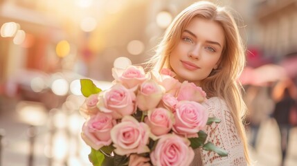 Fototapeta premium Portrait of a Young Woman Holding Pink Roses, Perfect for Valentine's Day Promotions and Romantic Occasions