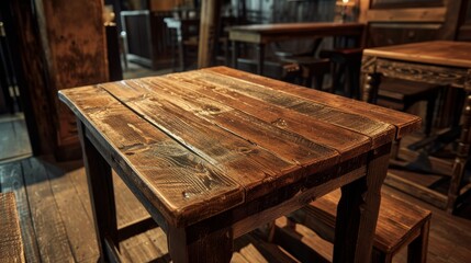A polished wooden table stretches towards a blurred pub background, exuding a sense of depth and perspective. The rich, dark tones of the wood evoke a vintage charm and timeless character.
