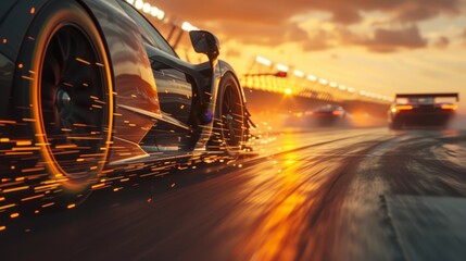 The close-up shot captures the heat of the race, with glowing brake discs and flying sparks reflecting the intensity of competitive racing. The scene is a fusion of power and precision in motion.