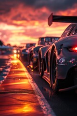 A dramatic racing scene unfolds under a twilight sky, where cars equipped with aerodynamic designs slice through the track. The reflections on the wet surface add a layer of visual intensity.