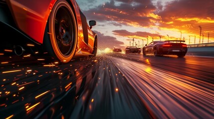 As dusk settles, a row of race cars battles fiercely on the track, leaving a trail of light and fire in their wake. The energy of the race is encapsulated in the vivid streaks and dynamic composition.