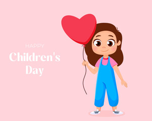 Happy Childrens day design template. Smiling girl holding heart shaped balloon. Joyful child playing favorite toy. Web banner, greeting card, childhood poster. Kid leisure activity vector illustration