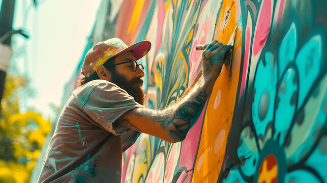 A photo of a street artist painting a mural, captured candidly in action, with vibrant colors and intricate designs, and a sense of urban culture and creativity.