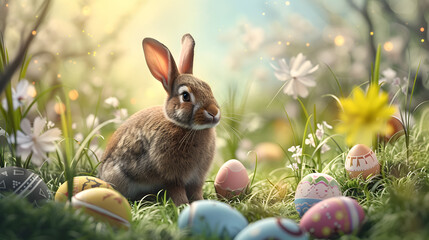 Easter Bunny Amidst Spring Blooms and Decorated Eggs on a Vibrant Field Bathed in Soft Sunlight