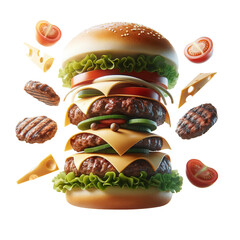 Levitating Delicious Burger: Whimsical Shot of Juicy Burger Suspended in Mid-Air