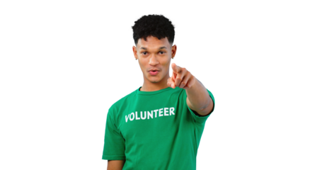 Volunteer, charity and portrait of man with hand pointing for selection, choice or vote for community service. Opportunity, invitation and male person on isolated, transparent and png background