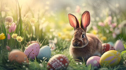 Easter Bunny Amidst Spring Blooms and Decorated Eggs on a Vibrant Field Bathed in Soft Sunlight