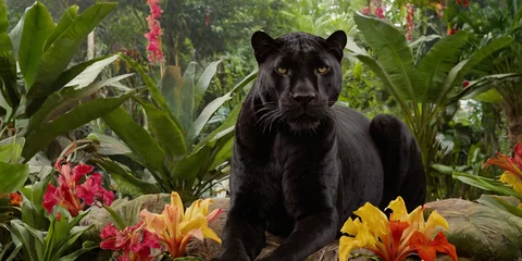 Foto op Plexiglas Black panther on a natural background surrounded by tropical flowers and plants. © hobonski