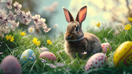 Fototapeta na wymiar Easter Bunny Amidst Spring Blooms and Decorated Eggs on a Vibrant Field Bathed in Soft Sunlight