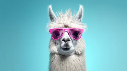 Fotobehang Creative animal concept. Llama in sunglass shade glasses isolated on solid pastel background, commercial, editorial advertisement, surreal surrealism © Zainab