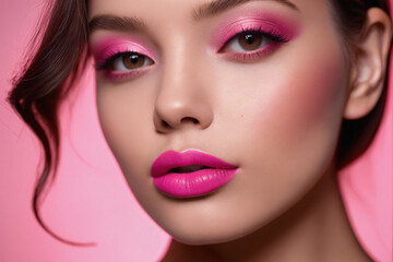 The pink hue of her pink lipstick adorns her lips like a precious organ, highlighting their allure in a captivating closeup