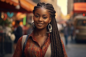 closeup portrait of young African pretty woman wearing braids hair style smiling walking in bustling city street at day time, Generative Ai	
