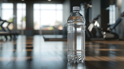A blank transparent plastic bottle on gym background - obrazy, fototapety, plakaty