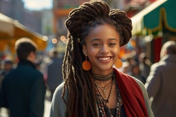 closeup portrait of young African pretty woman wearing braids hair style smiling walking in bustling city street at day time, Generative Ai	
 - obrazy, fototapety, plakaty