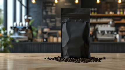 Blank black coffee package with cafe on background - obrazy, fototapety, plakaty