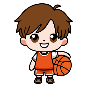 child playing basketball. Cute boy cartoon Design, simple Color Vector Design 