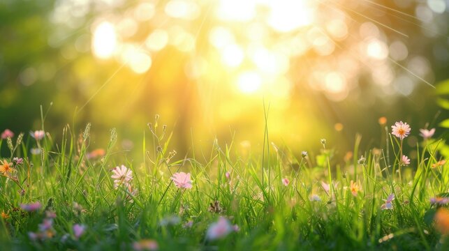 Green grass with flowers against the background of a blurred summer meadow. Sun rays. Summer warm atmosphere of peace and tranquility.
