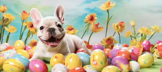 A playful French Bulldog puppy sits among a colorful array of Easter eggs, with bright yellow flowers adding to the festive mood - obrazy, fototapety, plakaty