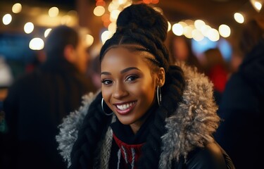 closeup portrait of young African pretty girl wearing braids hair style smiling walking in bustling city street at day time, Generative Ai - obrazy, fototapety, plakaty
