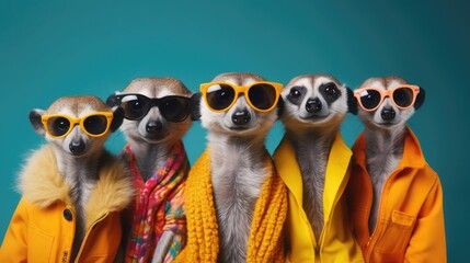 Creative animal concept. Meerkat in a group, vibrant bright fashionable outfits isolated on solid background advertisement, copy text space