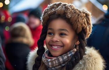 closeup portrait of young African pretty girl wearing braids hair style smiling walking in bustling city street at day time, Generative Ai - obrazy, fototapety, plakaty