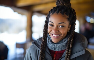 young teenage African American girl with braid hairstyle smiling with winter snow town background, winter holiday travelling, Generative Ai	
