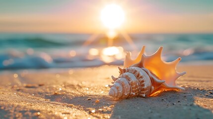 Obraz na płótnie Canvas a seashell on a sandy beach with the sun shining in the background