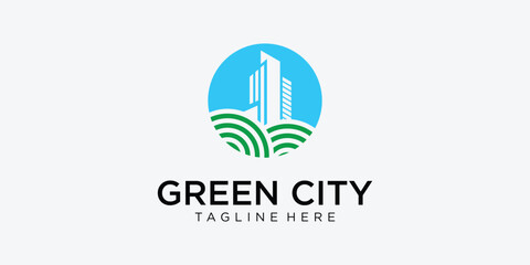 Creative green building logo design with modern style| green city logo| premium vector