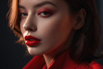 Fototapeta premium The red hue of her red lipstick adorns her lips like a precious organ, highlighting their allure in a captivating closeup