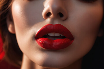 The red hue of her red lipstick adorns her lips like a precious organ, highlighting their allure in a captivating closeup
