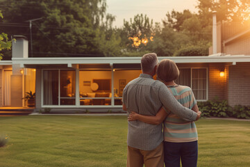 A senior couple in a warm embrace look towards their recently bought home at sunset. - Powered by Adobe