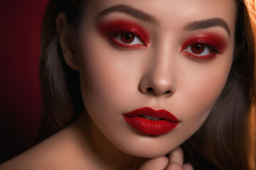 Fototapeta premium The red hue of her red lipstick adorns her lips like a precious organ, highlighting their allure in a captivating closeup