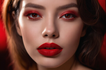 Fototapeta premium The red hue of her red lipstick adorns her lips like a precious organ, highlighting their allure in a captivating closeup