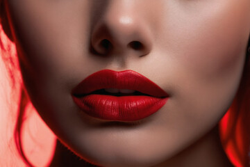 Obraz premium The red hue of her red lipstick adorns her lips like a precious organ, highlighting their allure in a captivating closeup