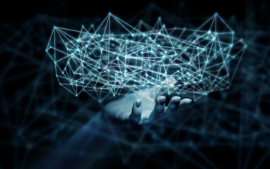 Human hand holds a virtual data network internet cloud connections with user communication lines.