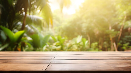 Warm wooden table in the foreground with a vibrant jungle scene.  Mockup table for product display.