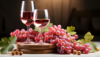 Fototapeta premium Gourmet wineglass on wooden table, nature refreshing autumn celebration generated by AI