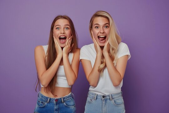No filter photo of excited cheerful lovely girls speaking sharing news beauty salon procedure isolated on violet color textile background