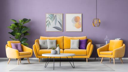 Vibrant and Modern living room with Lilac Sofa, Mustard Yellow Armchairs, Abstract Artwork, and Houseplants.